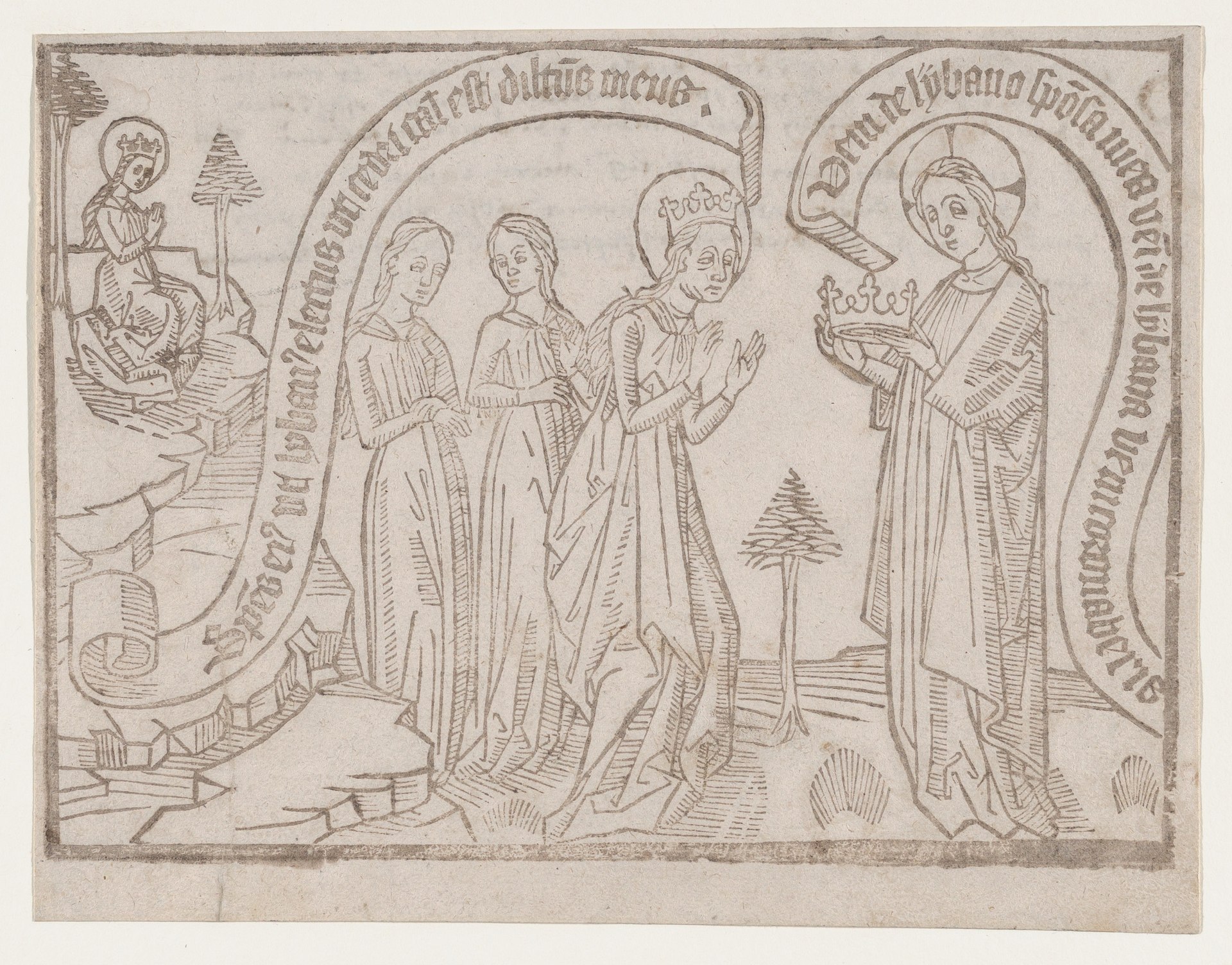 Medieval Canticum Canticorum blockbook image of the bridegroom offering a crown to the bride