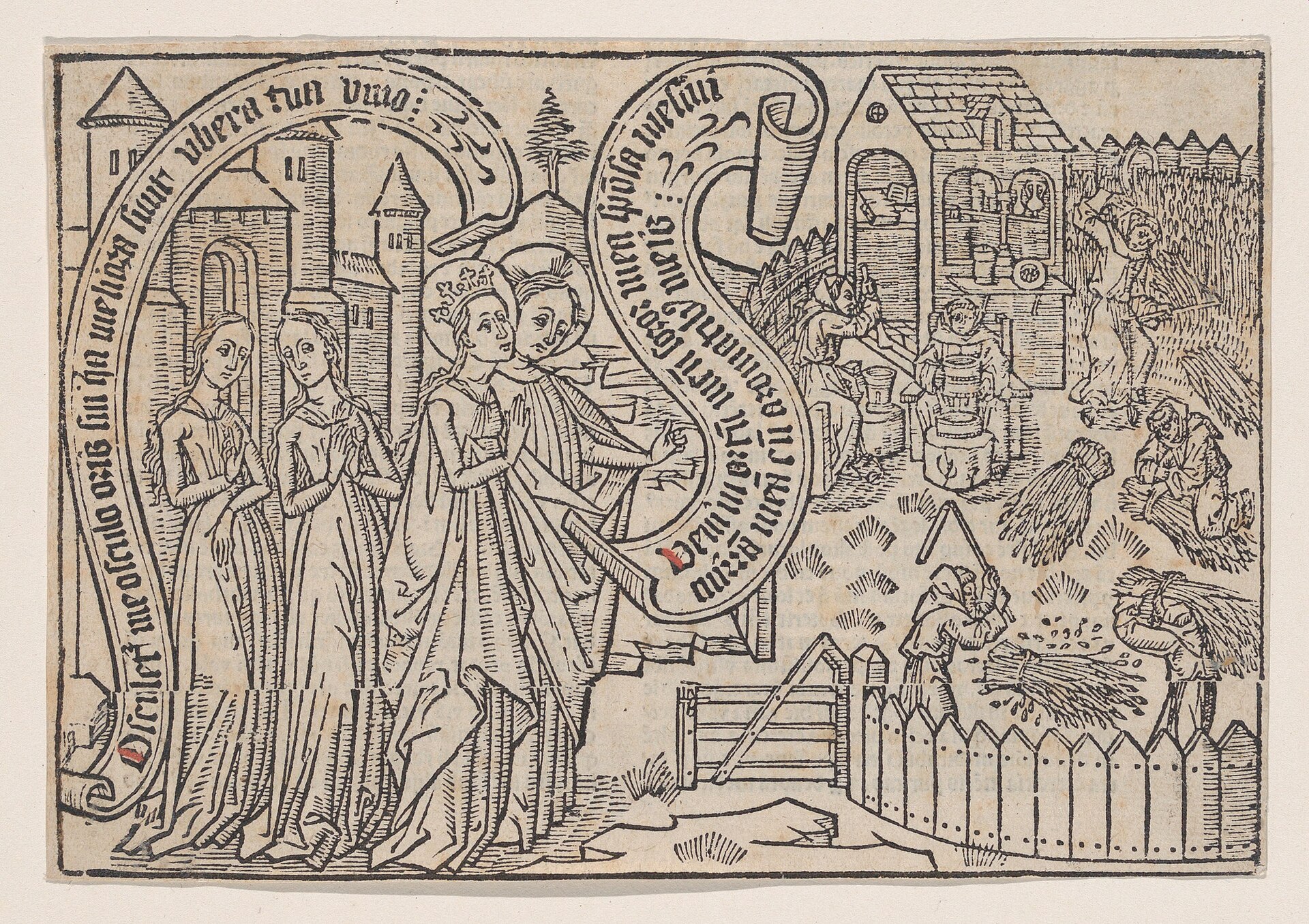 Medieval Canticum Canticorum blockbook image of the bridegroom showing the bride his land
