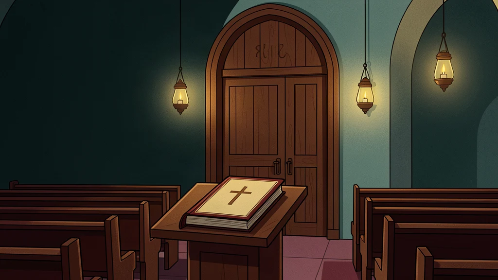 A closed Gospel book on a wooden lectern beneath hanging lamps in a stylized church interior at dusk.