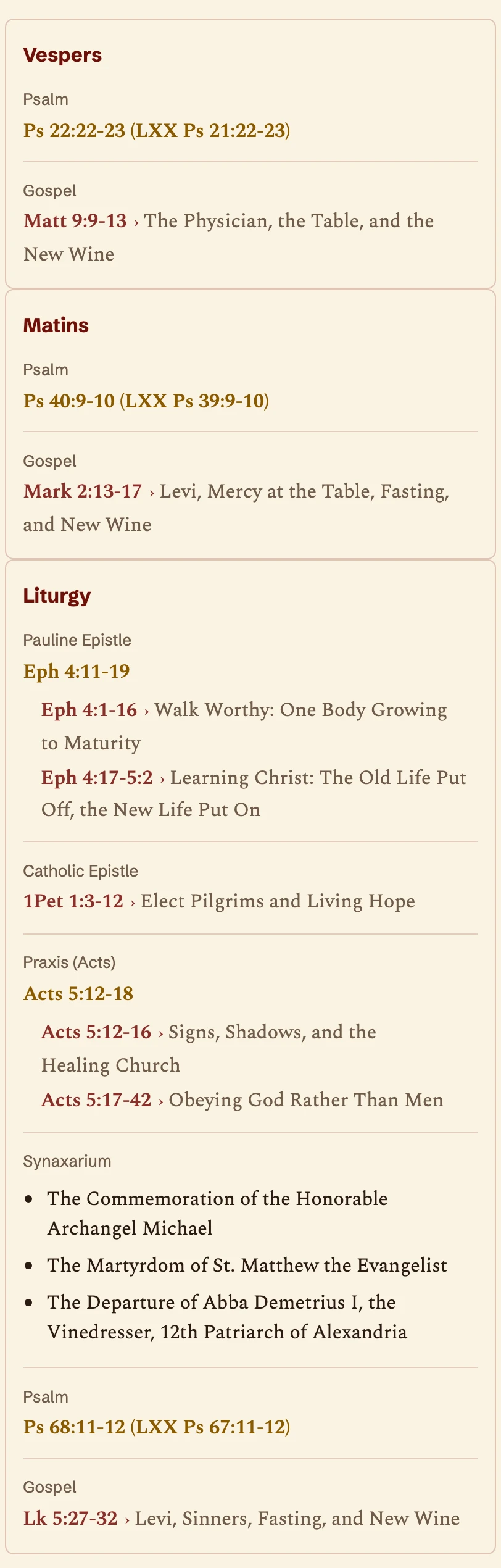 Mobile Daily Readings page showing the Vespers and Matins Psalm and Gospel groups, followed by the Liturgy readings and Synaxarium titles.