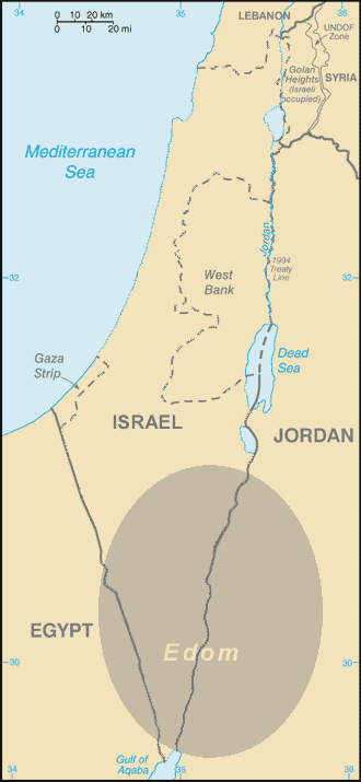Edom regional locator map, used as a cautious frame for the LXX appendix's Idumea and Arabia notice