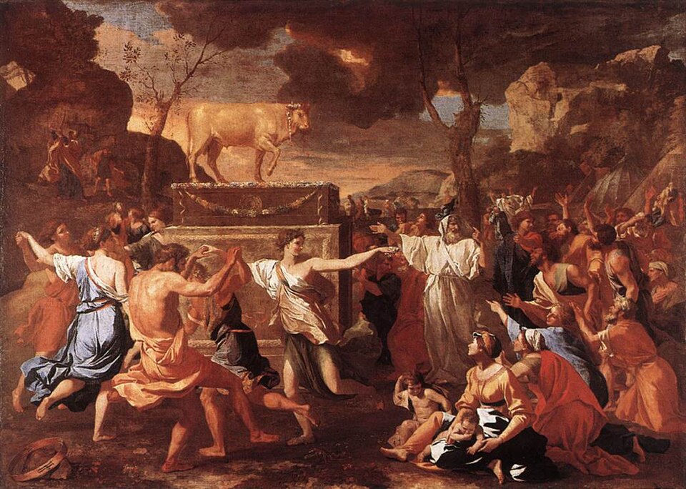 Nicolas Poussin painting of the adoration of the golden calf.