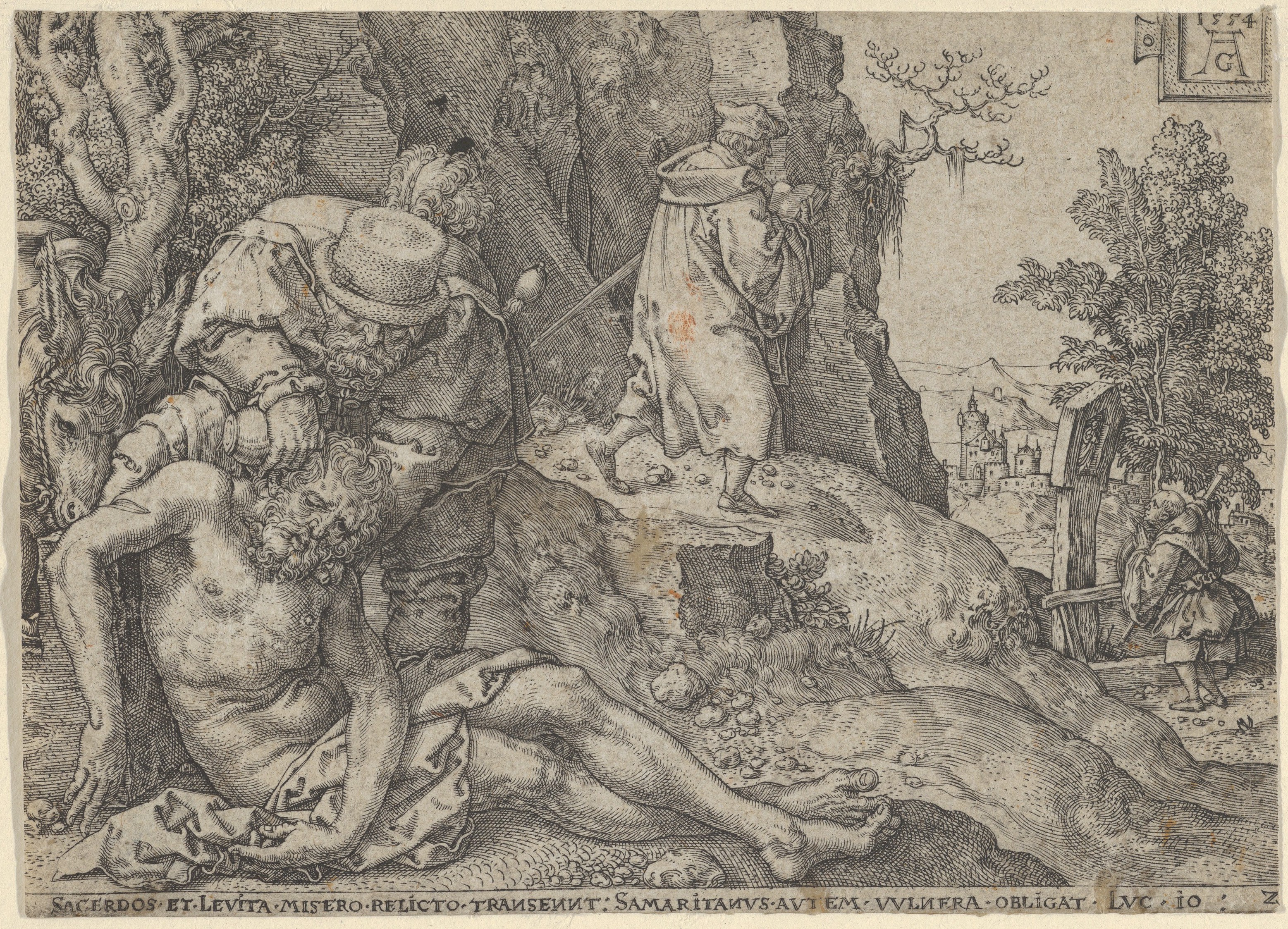 The Good Samaritan tending the wounded traveler while the priest and Levite pass
