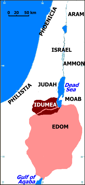 Approximate map of Edom and Idumea around 600 BCE