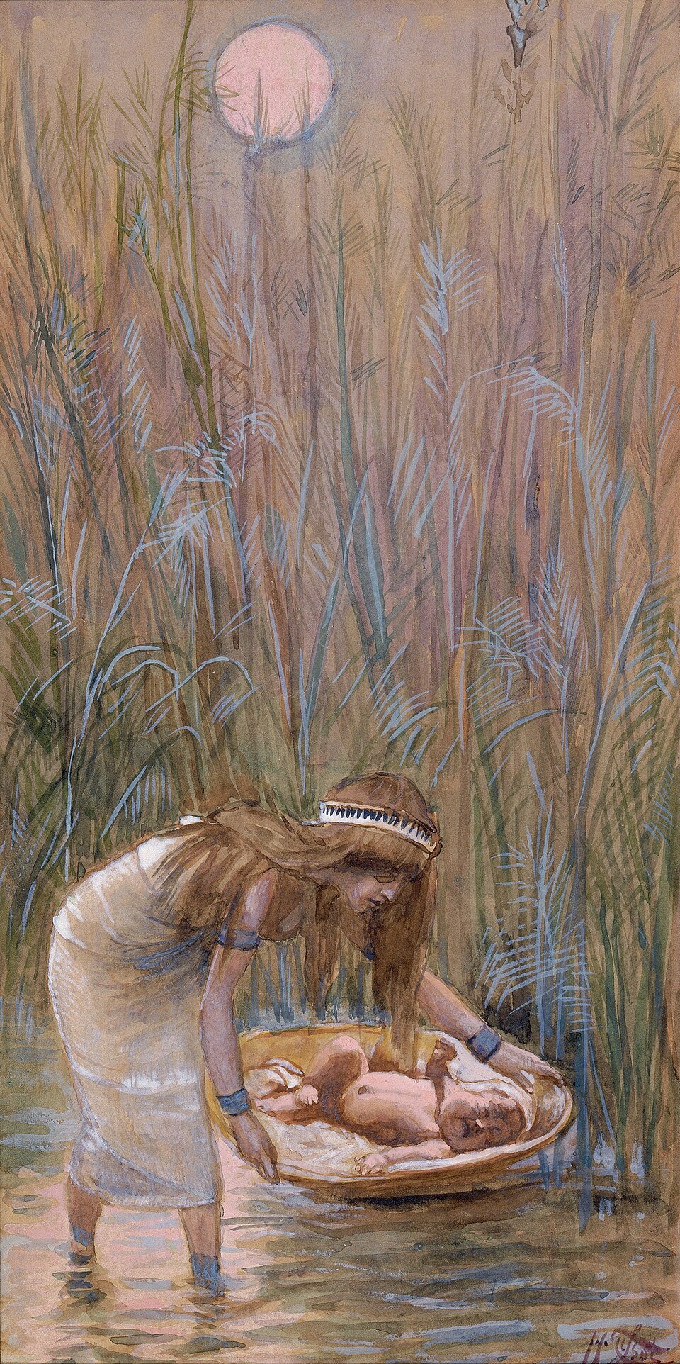 James Tissot illustration of infant Moses hidden among the reeds.