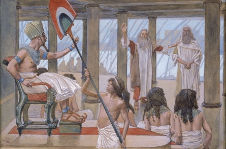 James Tissot illustration of Moses speaking before Pharaoh.