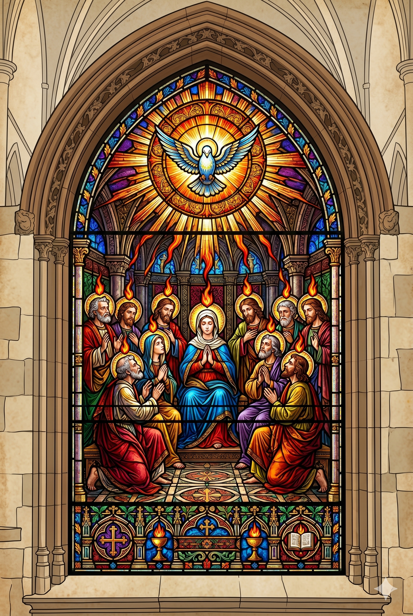 Pentecost stained glass window illustration