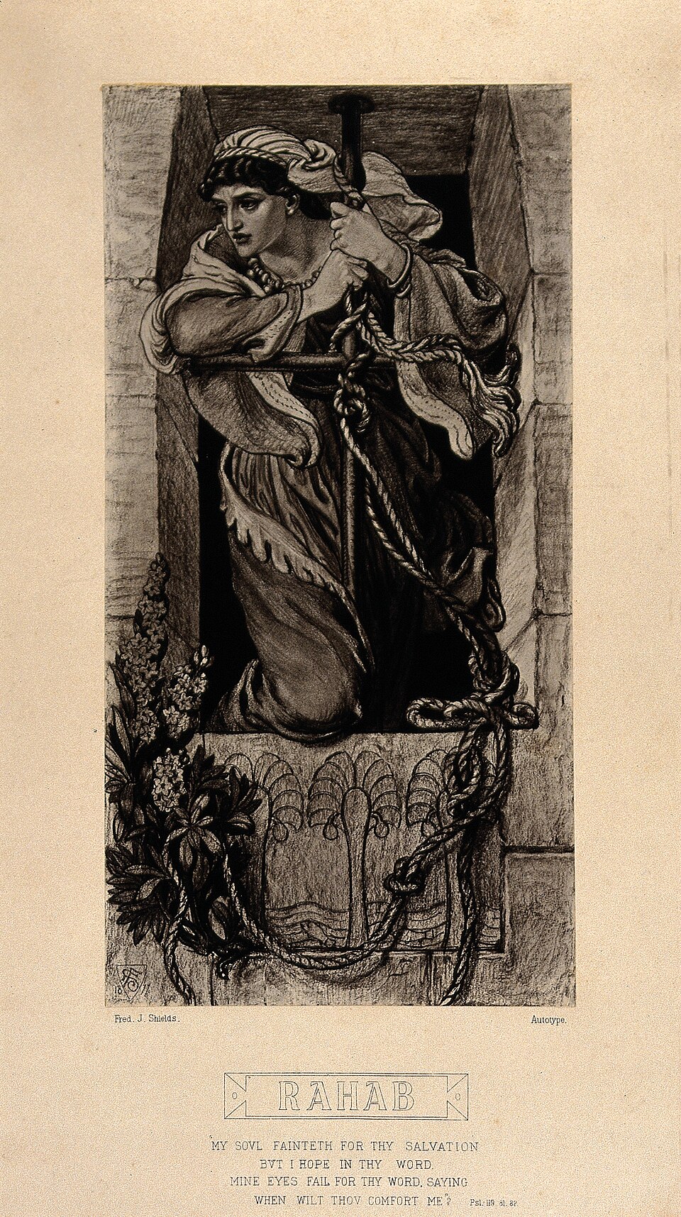Rahab hangs the scarlet cord from her window