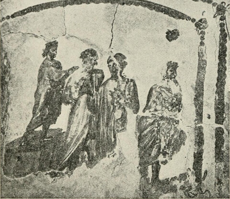 Early Christian depiction of Susanna and the elders judged by Daniel, fresco from the Catacomb of Callistus