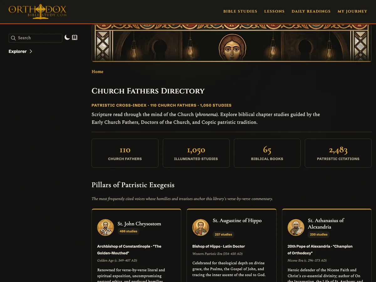 The Church Fathers Directory showing library statistics, patristic exegesis pillars with Neo-Coptic icon medallions, and interactive search.