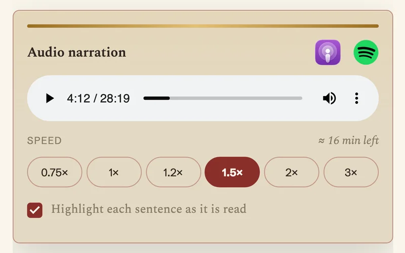 The John Overview's audio player at 4:12 of 28:19, with the 1.5× speed button selected and a note that about 16 minutes are left at that speed.