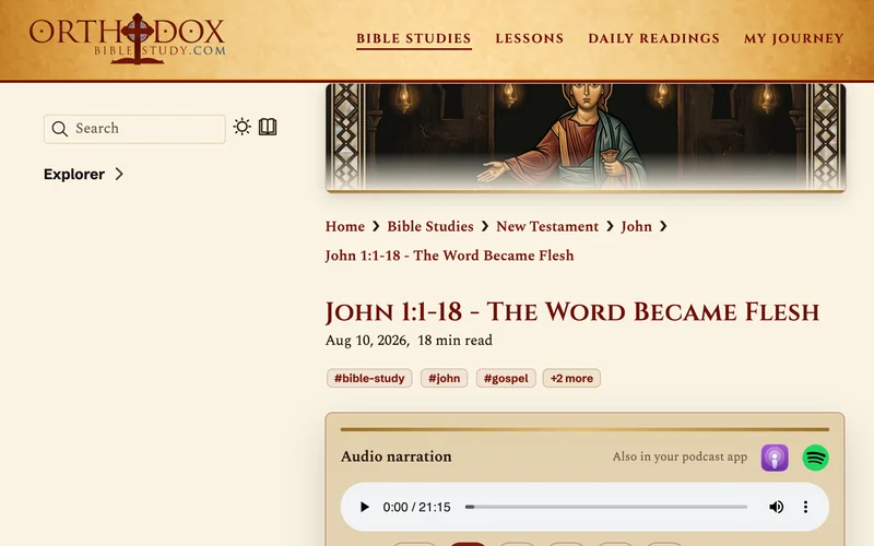 The top of the John 1:1-18 study in light mode: a parchment banner with the maroon Orthodox Bible Study logo and the navigation in Roman capitals, above the study's title.
