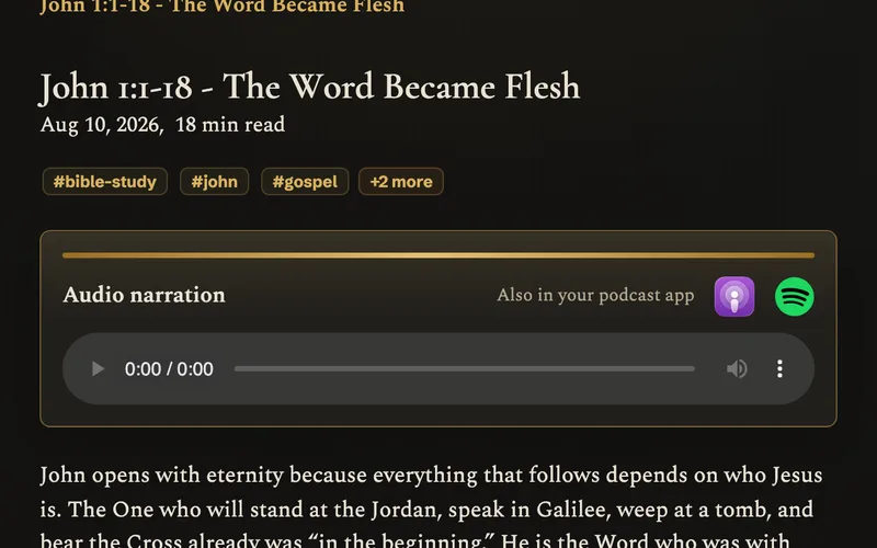 A John study's audio player with Apple Podcasts and Spotify icons beside the Audio narration heading.
