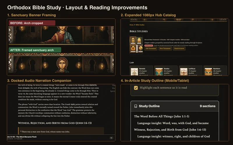 Before-and-after comparisons showing restored sanctuary banner arches, expanded 1080px catalog grid, docked scrolling audio player, and mobile study outline accordion.