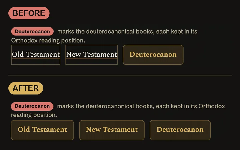 Before and after: the Old Testament and New Testament links on the Bible Studies shelf showed as plain underlined text beside a Deuterocanon button; now all three are matching buttons.